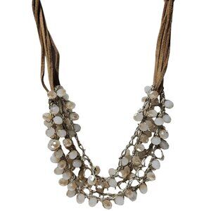 Boho Cluster Bead Multi Strand Chunky Necklace Suede Gold Tone Fashion Jewelry